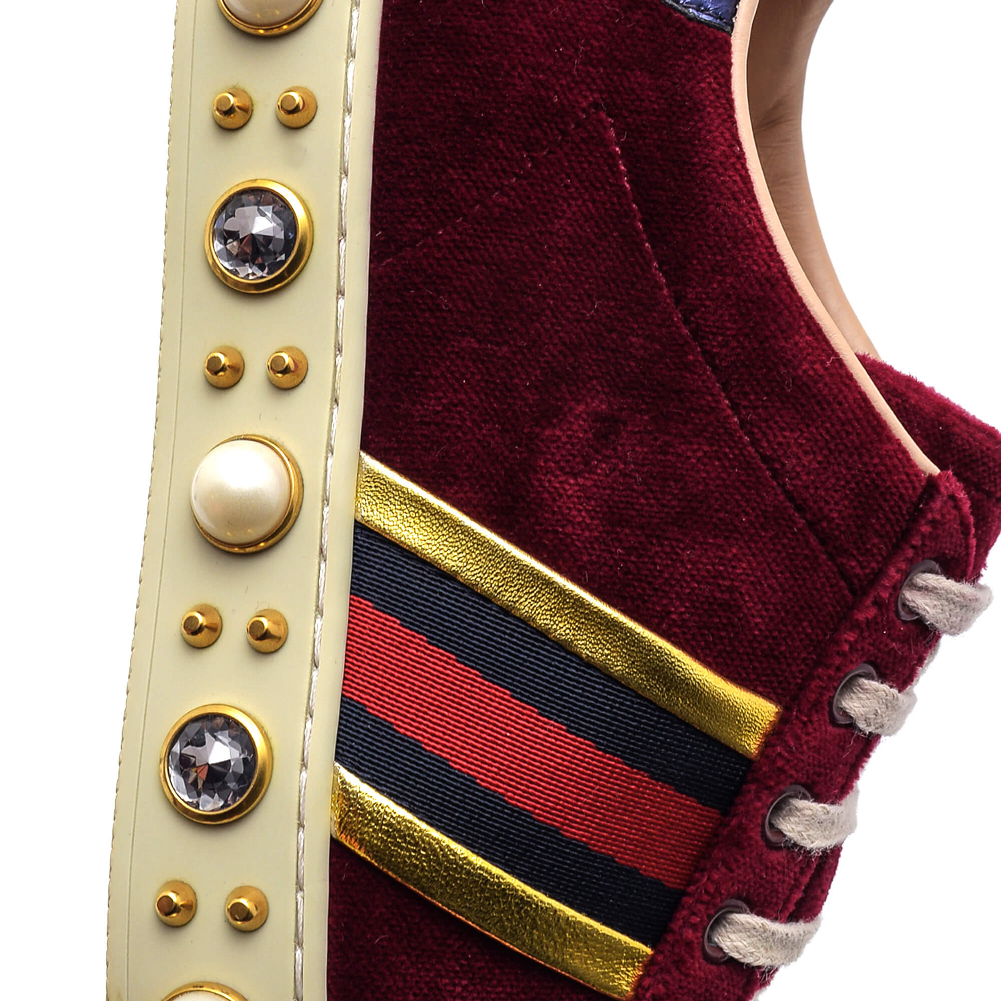 Gucci - Bordeaux New Ace Faux Pearl Embellished Velvet Trainer Sneakers